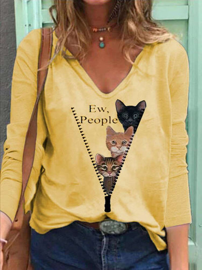 Casual Loose Cat print V neck Long sleeve T-Shirts