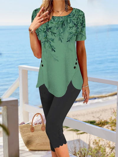 Round Neck Floral Tulip Hem Vacation Tunic Tops T-shirts