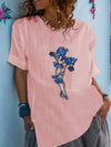 Round neck cotton blend long floral top T-shirts