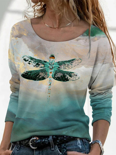 Women's T-Shirts Dragonfly Print Crew Neck Long Sleeve T-Shirts