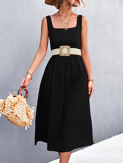 Summer Solid Color Square Neck Holiday Dress Maxi Dresses