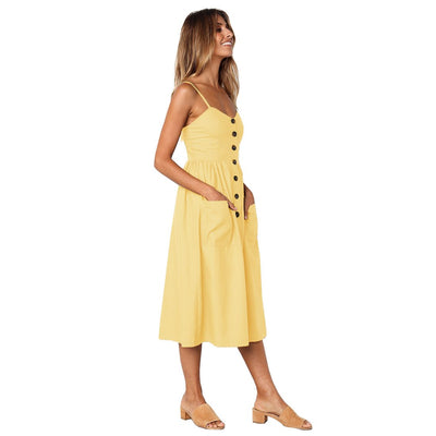 Spaghetti Strap Single Breasted Plain Sleeveless Maxi Dresses