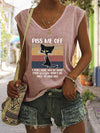 V-neck Casual Loose Lettering Cat Print Short Sleeve T-shirt