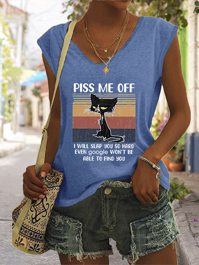 V-neck Casual Loose Lettering Cat Print Short Sleeve T-shirt