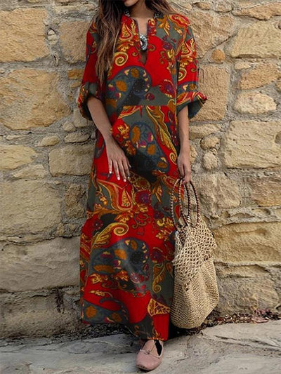V-neck long-sleeved ethnic print loose maxi dresses