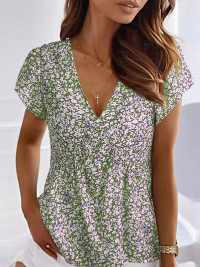 V Neck Floral Casual Short Sleeve T-Shirts Tee
