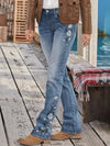 Woman Casual Embroidered Floral Denim Jeans Long Pants