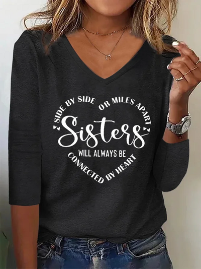 Women Sister Text Letters Regular Fit Casual V Neck T-Shirts