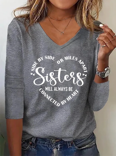 Women Sister Text Letters Regular Fit Casual V Neck T-Shirts