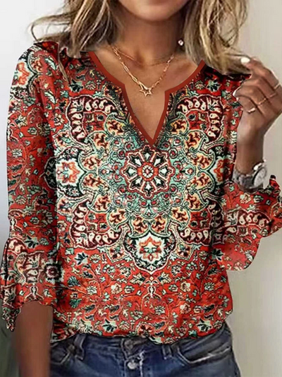 Women's Red Geometric Printed Long Sleeve V Neck ethnic style t-shirts Tops