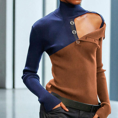 Women Stitching Color Knitted Pullover Sweater