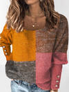 Rose Red Color-Block Long Sleeve Cotton-Blend Round Neck Sweater
