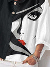 White-Black Long Sleeve Abstract Shawl Collar Statement Shirts & Tops