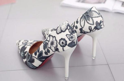 Leaf Embroidery Pointy Sexy Slender High-Heeled Shoe