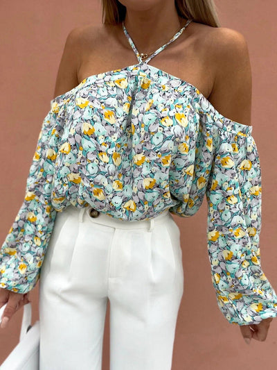 Women's Blouses Printed Halter Off Shoulder Long Sleeve Blouse - Blouses - Instastyled | Online Fashion Free Shipping Clothing, Dresses, Tops, Shoes - 14/03/2022 - 30-40 - BLO2203141628