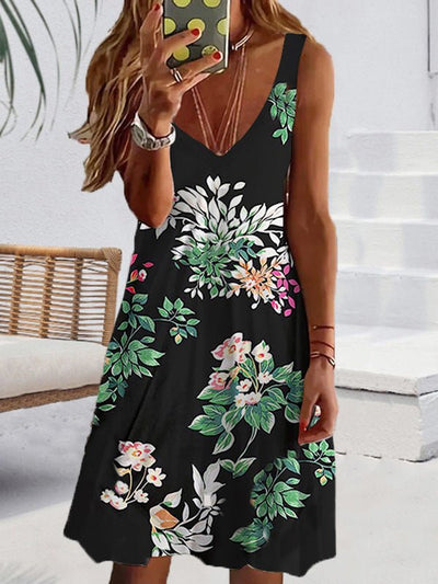 Women's Dresses Loose V-Neck Floral Print Sleeveless Dress - Mini Dresses - Instastyled | Online Fashion Free Shipping Clothing, Dresses, Tops, Shoes - 20-30 - 28/04/2022 - color-black