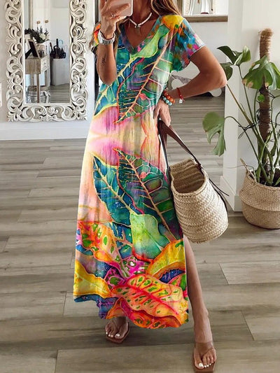 Women's Dresses Multicolor Leaf V-Neck Short Sleeve Slit Dress - Maxi Dresses - Instastyled | Online Fashion Free Shipping Clothing, Dresses, Tops, Shoes - 20-30 - 30/04/2022 - color-multi