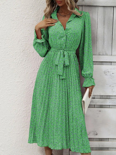 Women's Dresses Pleated Tie Long Sleeve Print Dress - Maxi Dresses - Instastyled | Online Fashion Free Shipping Clothing, Dresses, Tops, Shoes - 22/09/2022 - Color_Black - Color_Green