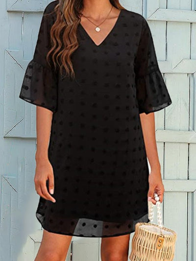 Women's Dresses Solid Jacquard Dots Chiffon Short Sleeve Dress -black