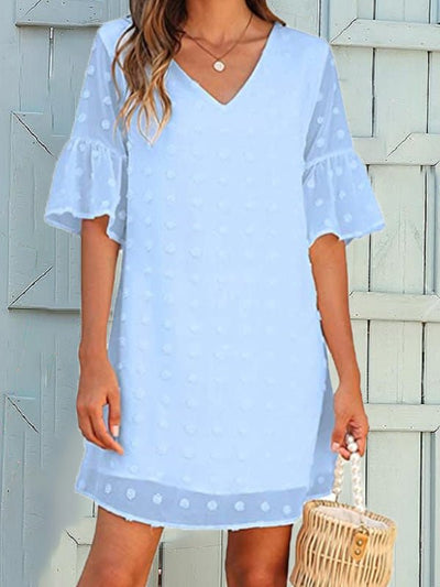 Women's Dresses Solid Jacquard Dots Chiffon Short Sleeve Dress - blue