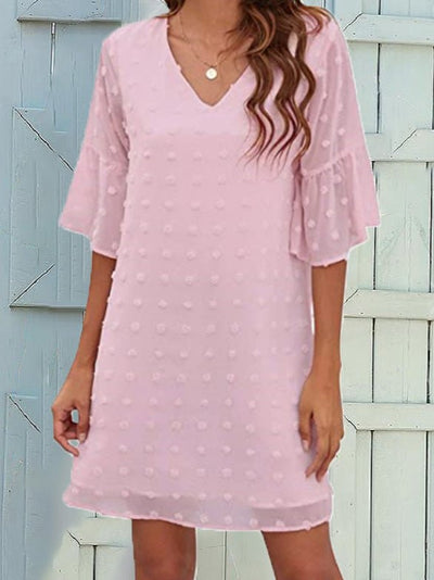 Women's Dresses Solid Jacquard Dots Chiffon Short Sleeve Dress - pink
