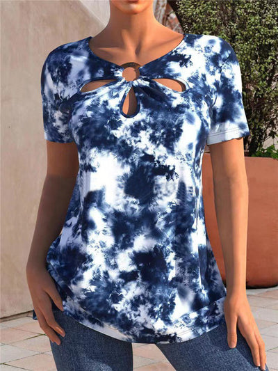 Women's T-Shirts Printed Petal Cutout Short Sleeve T-Shirt - T-Shirts - Instastyled | Online Fashion Free Shipping Clothing, Dresses, Tops, Shoes - 20-30 - 28/06/2022 - color-blue