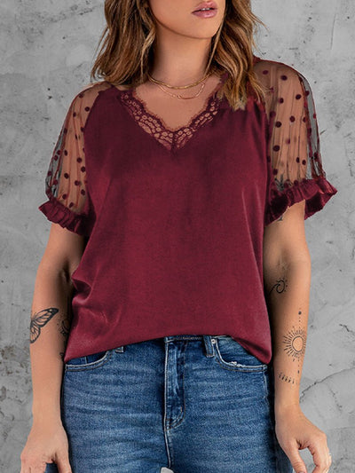 Women's T-Shirts V-Neck Lace Mesh Short Sleeve T-Shirt - T-Shirts - Instastyled | Online Fashion Free Shipping Clothing, Dresses, Tops, Shoes - 20-30 - 24/05/2022 - color-apricot